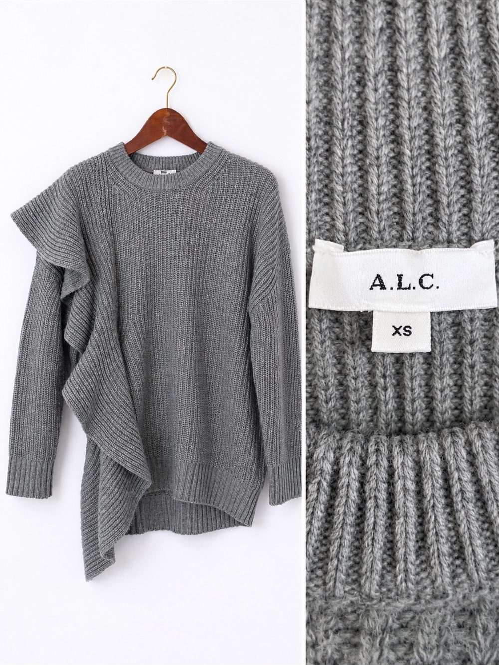 A.L.C. Gray Ruffle Ribbed Crewneck Sweater PRISTINE